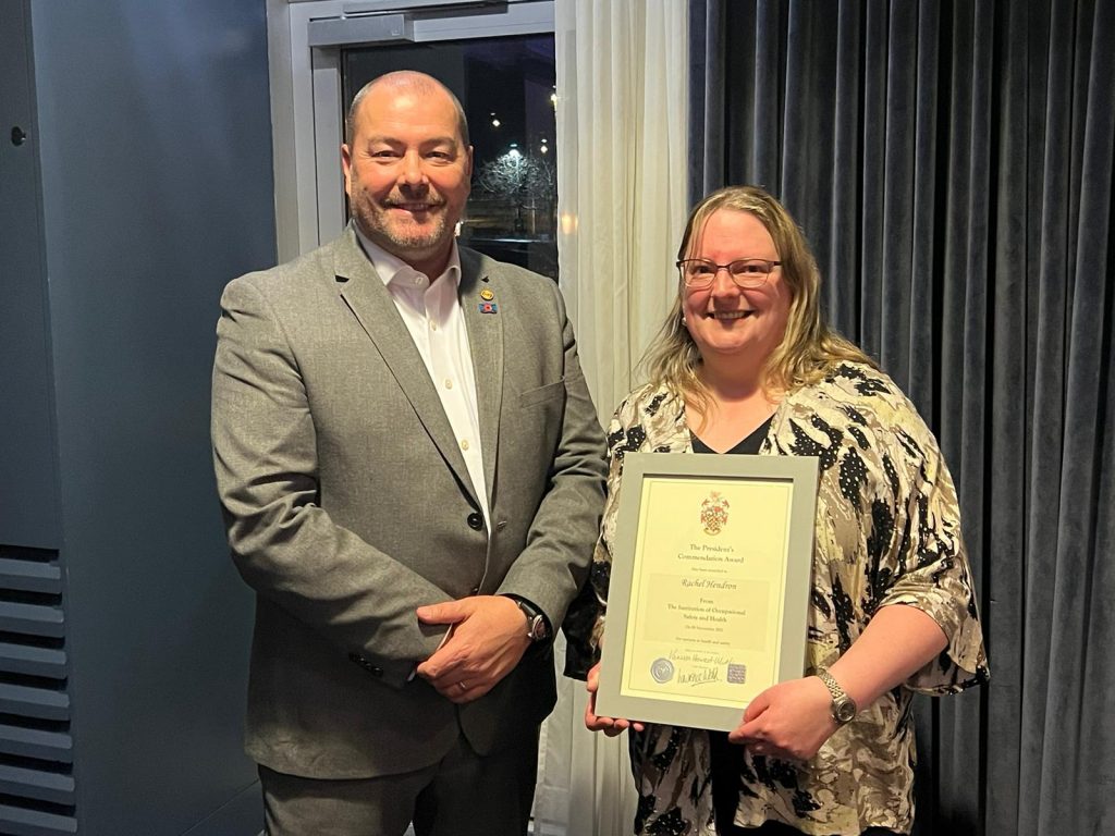 Rachel Hendron from Quensh HSEQ Specialists receives the President's Commendation Award from IOSH Scotland