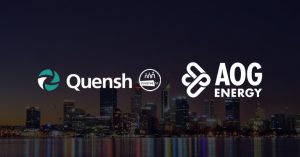Quensh and AOG Energy logos over Perth WA Backdrop
